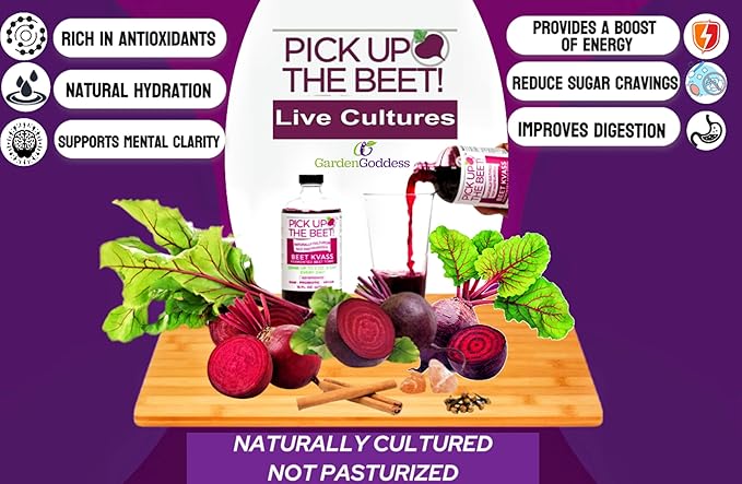 Pick Up The Beet Organic Beet Juice Kvass with Live Probiotics Vegan - Natural Nitric Oxide Boost Fermented Beet Tonic Sugar Cravings Support 16 Ounces 6 Bottles