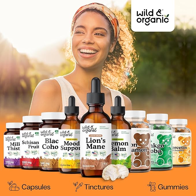 Wild &amp Organic Lions Mane Liquid Drops - Focus &amp Brain Support - Lions Mane Supplement - Hericium Erinaceus Mushroom Extract Tincture - Vegan Alcohol &amp Sugar-Free - 2 fl oz