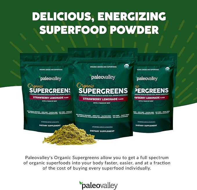 Paleovalley Organic Supergreens - Organic Greens Powder Superfood for Immune Support - Paleo Green Powder Blend - 28 Servings - 23 Superfoods - Gluten Free No Cereal Grasses Soy or Grain