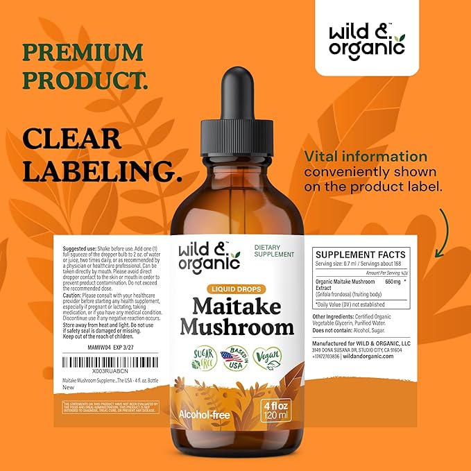 Wild &amp Organic Maitake Mushroom Tincture - Immune Support Supplement - Liquid Maitake Mushroom Extract - Vegan Sugar &amp Alcohol-Free Drops - 4 fl oz