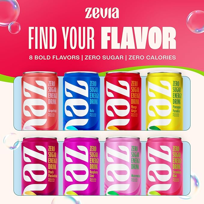Zevia Zero Sugar Energy Drink Strawberry Kiwi 12 oz Cans (12-Pack) – Naturally Sweetened Zero Calorie Sugar Free Energy - Non-GMO Project Verified Gluten-Free Vegan