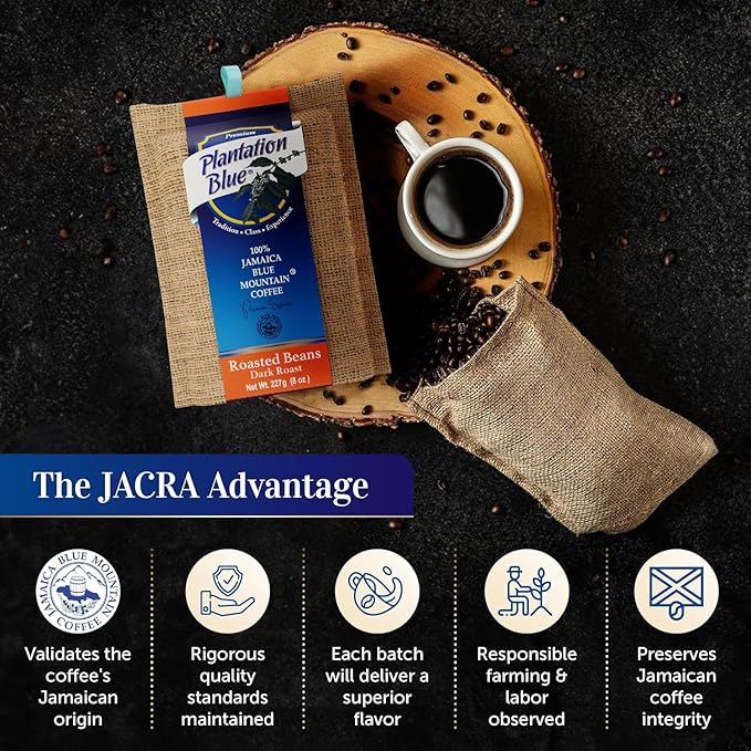 Plantation Blue 100% Blue Mountain Coffee Dark Roast Whole Bean Premium Jamaican Coffee 8oz