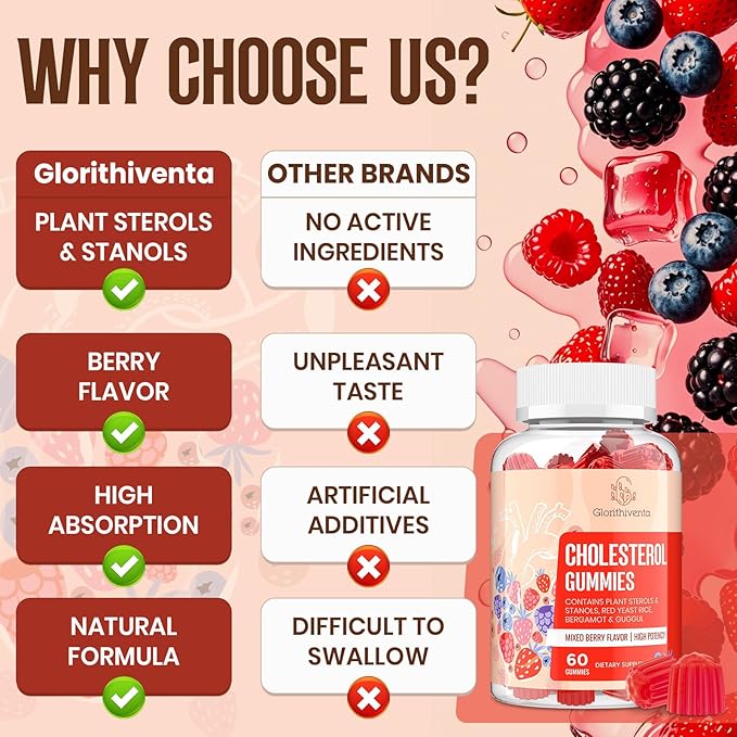 Cholesterol Supplement with Plant Sterols &amp Stanols Guggul Bergamot Orange Extract Red Yeast Rice Plant Sterols Complex Gummies Mixed Berry Flavor 60 Counts
