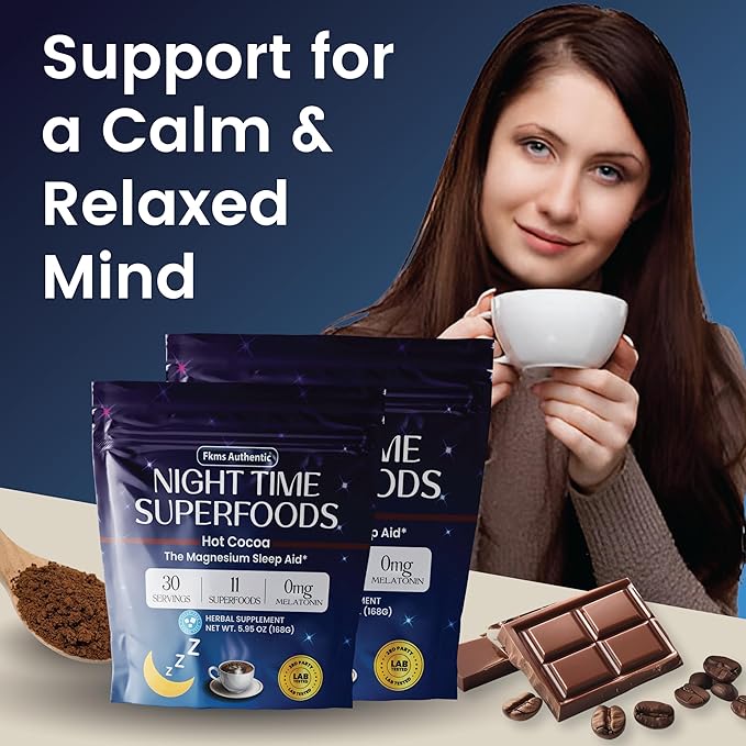 FKMS Authentic Nighttime Magnesium Hot Cocoa Calming Melatonin-Free Sleep Support Natural Sleep Aid Drink Mix for men &amp Woman - Hot Chocolate Powder with L-Theanine Chamomile and Zinc Magnesiu