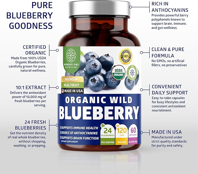 Number One Nutrition USDA Organic Wild Blueberry Extract Equivalent to 24 Whole Blueberries Supports Immune Health 120 Vegan Capsules
