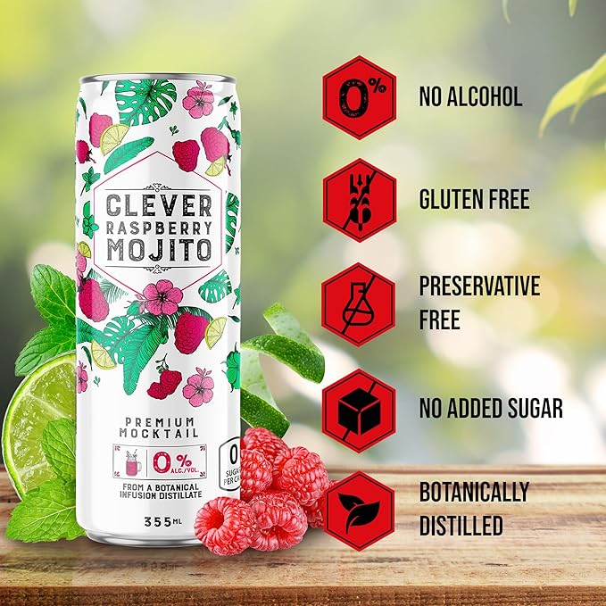 CLEVER - Raspberry Mojito Nonalcoholic Mocktails for Any Occasion Sugar-Free Beverages with Botanical Extracts Low-Calorie Mocktails Non-alcoholic Drinks with 10 Calories Pack of 12 (12 oz Ea)