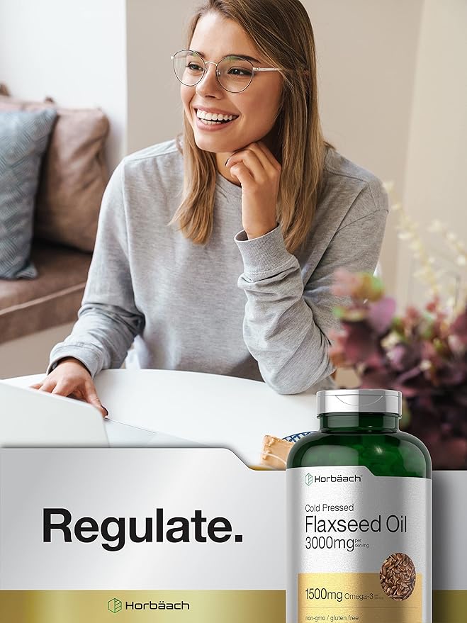 Horbäach Flaxseed Oil Softgel Capsules 3000mg | 300 Count | High Potency | with Omega 3 6 9 | Non-GMO Gluten Free | Cold Pressed Flax Seed