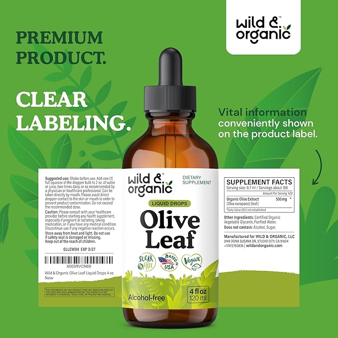 Wild &amp Organic Olive Leaf Extract Liquid Drops - Immune &amp Antioxidant Support - Oleuropein Supplement - Add to Tea Olive Leaf Tincture - Vegan Sugar &amp Alcohol Free - 4 fl oz