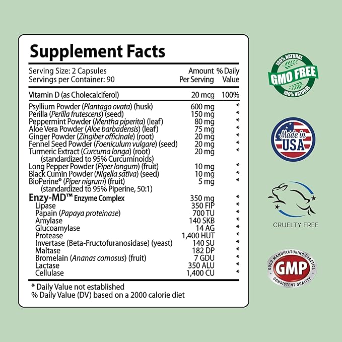 IBS Support - Vitamin D Psyllium Husk Fennel - 180 Capsules - 3 Month Supply