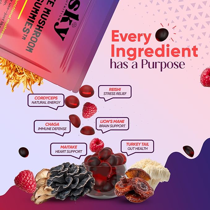 Mushroom Gummies - 10-in-1 Advanced Complex w/Lions Mane Reishi Cordyceps Turkey Tail - Focus &amp Brain Support - Raspberry Flavored 60 Vegan Lions Mane Mushroom Gummies for Adults