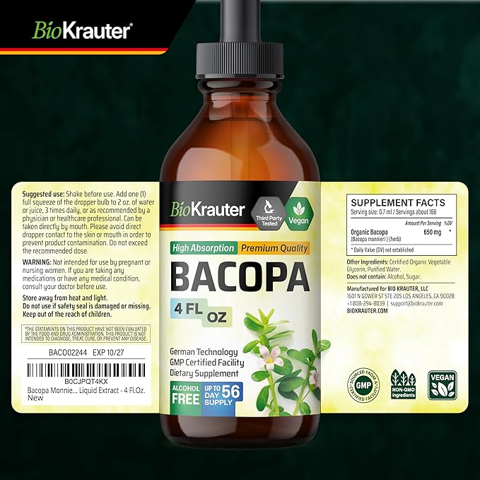 BIO KRAUTER® Bacopa Monnieri - Liquid Drops Bacopa Extract (Brahmi Powder) 650 mg per Serving 4 Fl.Oz 56-Day Supply - Pure Vegan Brain Supplement Supports Calm Focus &amp Memory - Alcohol &amp Sug