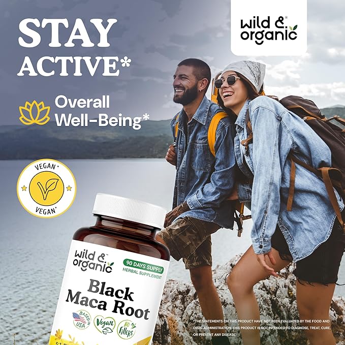 Wild &amp Organic Black Maca Root Capsules for Men &amp Women 500 mg - Maca Root Extract for Overall Support - 90 Vegan Capsules - Women &amp Men Supplement - 90 Days Supply - Non-GMO No Fillers