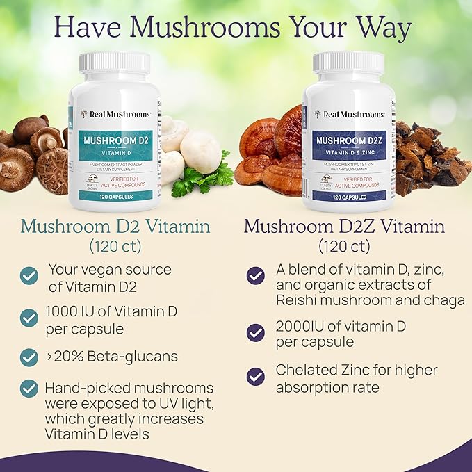 Real Mushrooms Zinc and Vitamin D2 Capsules – with Organic Chaga and Reishi Mushroom Extracts – Vitamins for Overall Wellness Support – Vegan Non-GMO Gluten-Free – 120 Count Mushroom Supplement