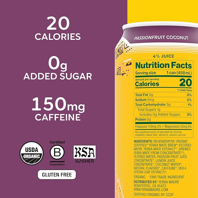 Yerba Madre Organic Yerba Mate Energy Drink Alternative Passionfruit Coconut 150mg Plant Based Caffeine Smooth Energy &amp Focus No Jitters or Crash 15.5oz Cans (Pack of 12)