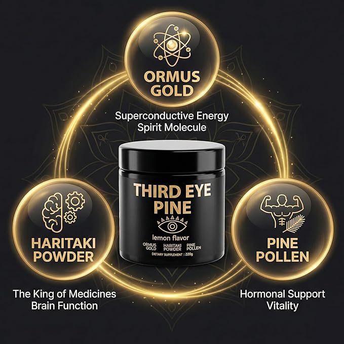 Third Eye Pine Powder Haritaki Pine Pollen &amp Ormus 24k Gold Monoatomic | Wild Harvest Broken Cell Wall non-GMO Vegan | Supports Detoxification Pineal Gland Decalcification