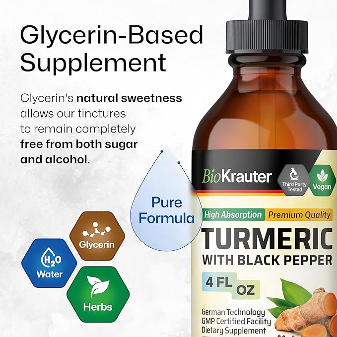 BIO KRAUTER® Turmeric Supplement for Joint Support - Pure Vegan Curcumin with Black Pepper 4 Fl.Oz 56 Days of Supply - Curcumin Drops 1200 mg for Antioxidant &amp Immune Support - Alcohol &amp Sugar