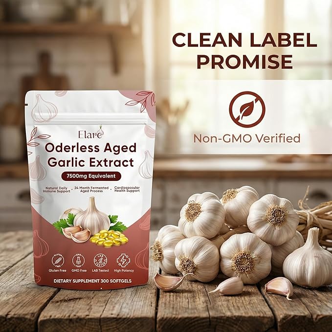 ELARE Aged Garlic Extract - 7500mg Odorless Softgels 300 Organic Garlic Softgels 2-Year Matured Antioxidant Formula Vegetarian Non-GMO All-Natural (1)