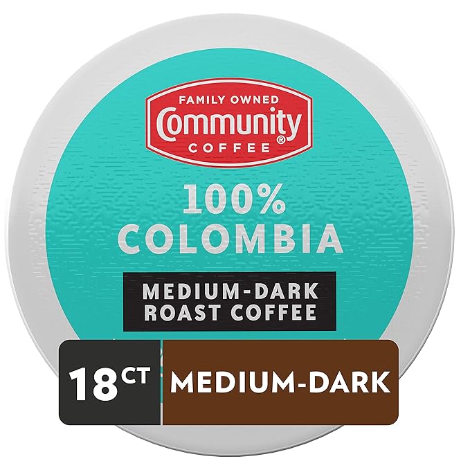 Community Coffee 100% Colombian 18 Count Medium-Dark Roast Single Serve K-Cup Compatible Coffee Pods Box of 18 Pods
