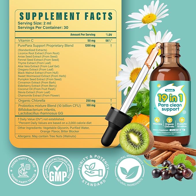 19 in 1 Herbal Gut Cleanse Drops – Wormwood Black Walnut Chlorella 250mg 10B Probiotics Clove &amp Oregano – Liquid Detox Support for Adults &amp Kids Alcohol-Free 2oz