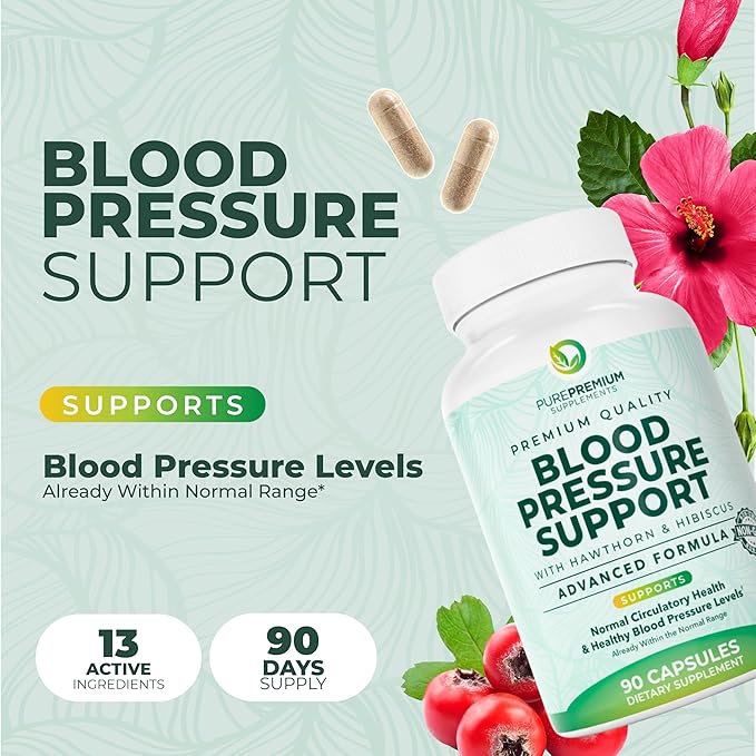 PurePremium Blood Pressure Supplements with Hawthorn Berry Hibiscus Garlic &amp Vitamin B12- Nitric Oxide Supplement for Normal Heart Health Circulation Health &amp Blood Pressure Support - 90ct