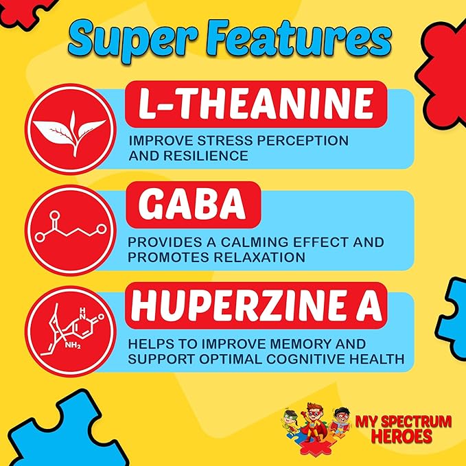 My Spectrum Heroes Calm &amp Focus Supplement Drops - Brain Support with L-theanine GABA Huperzine A - Enhance Focus for Kids or Adults - Boost Concentration for Kids &amp Teens - 2.02 FL oz. (60