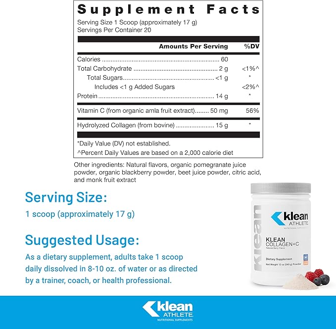 Klean Athlete Klean Collagen+C - Collagen Peptides with Vitamin C - for Joint &amp Connective Tissue Support - 12 Ounces - Natural Berry Flavor