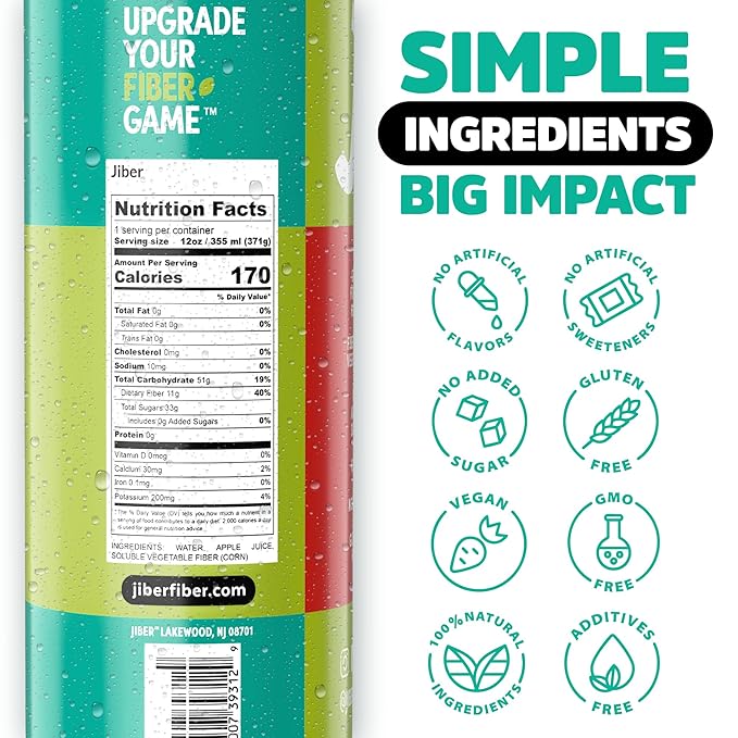 JIBER High Fiber Apple Juice Drink - No Sugar Added - 12 fl oz Apple Juice Cans with 40% Daily Fiber - Prebiotic Drink- Healthy Drinks for Kids - Juice for Teens Adults &amp Seniors (12 Pack)