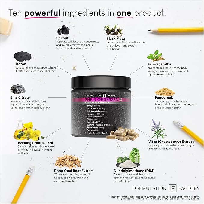 Formulation Factory She's Obsessed: 10-in-1 Hormone Balance Maximizer with Shilajit Maca Ashwagandha DIM Dong Quai Zinc &amp More for Vitality &amp Balance 240 Count (Pack of 2)