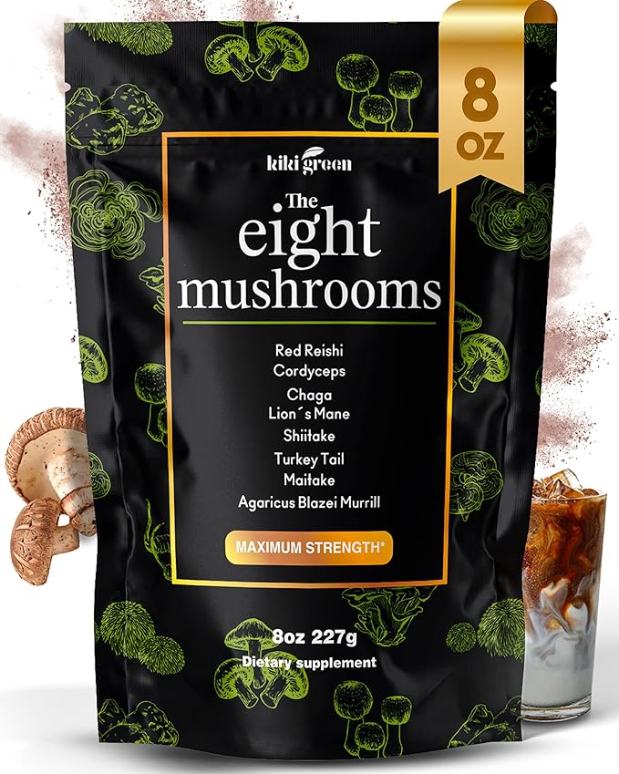 KIKI Green 8 Mushrooms Powder Extract - Supplement Blend 8 oz - Lion's Mane Reishi Chaga Cordyceps Maitake Shiitake - for Focus and Energy - Add to Coffee and Smoothies