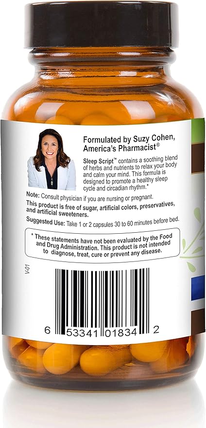 Suzy Cohen Sleep Script with Melatonin - Botanical Sleep and Relaxation Formula for Adults for Mood Stress and Sleep Contains 5-HTP L-theanine Passionflower Lemon Balm and GABA 60 Capsules.