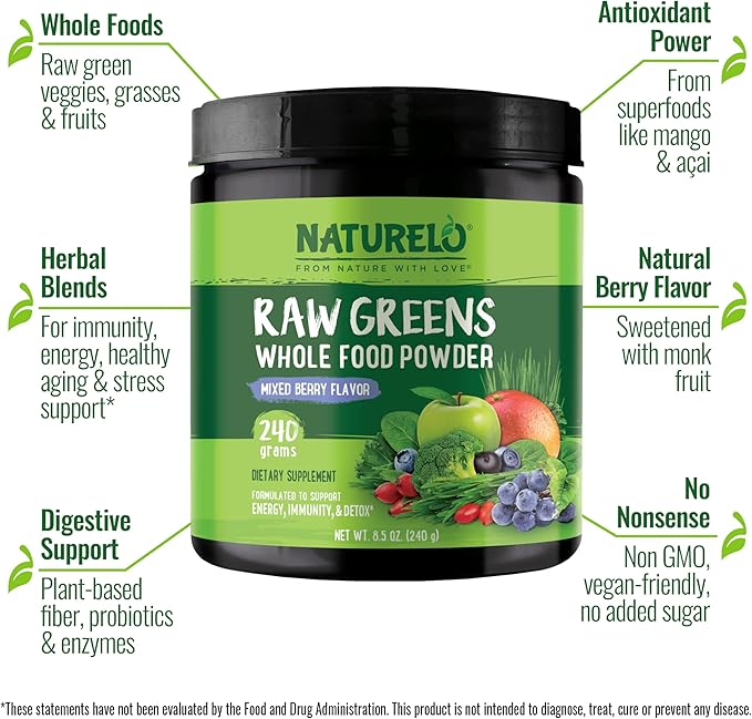 NATURELO Raw Greens Superfood Powder 240 Grams Mixed Berry - Supports Energy Immunity and Detox - Includes Spirulina Wheat Grass and Organic Greens for Whole Food Nutrition