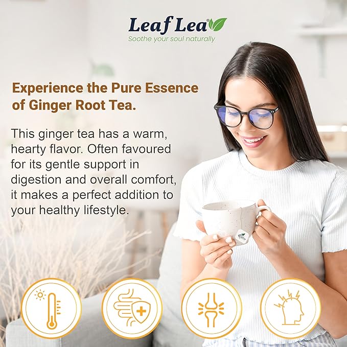 LeafLea 100% Pure Ginger Root Tea Bags – Spicy &amp Warming Herbal Tea Supports Digestion &amp Immune Health Individually Wrapped Non-GMO Caffeine Free Sugar Free No Gluten
