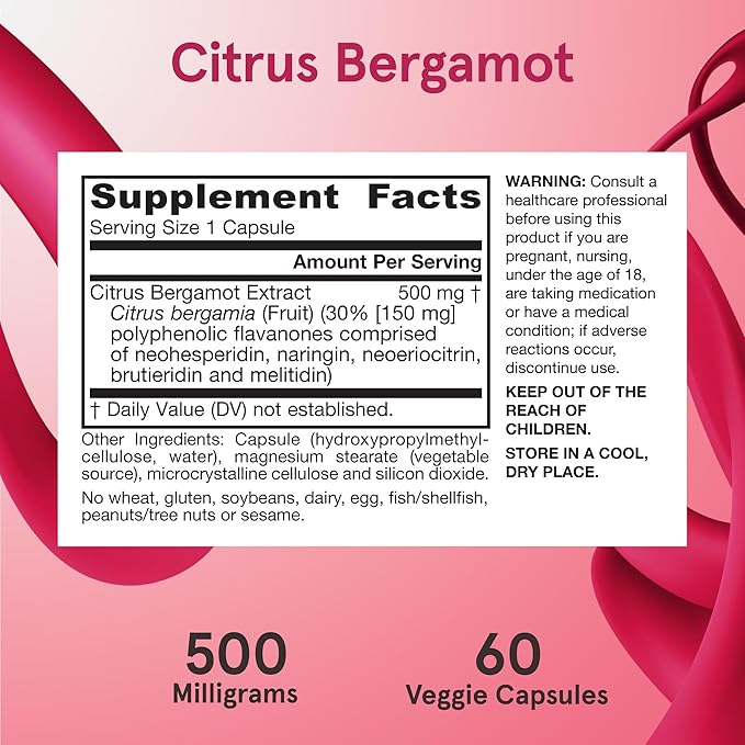 Jarrow Formulas Citrus Bergamot Supplement 500 mg - 60 Servings (Veggie Caps) - Antioxidant Support for Cardiovascular &amp Metabolic Health - Dietary Supplement - Vegan Gluten-Free- Use with QH-Abso