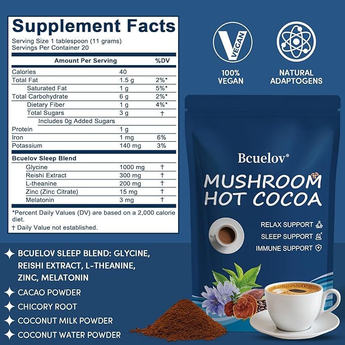 Mushroom Hot Cocoa Cocoa Powder with Reishi Mushroom Melatonin Glycine Cacao L-Theanine Chicory to Help Fall Asleep and Stay Asleep 20 Servings