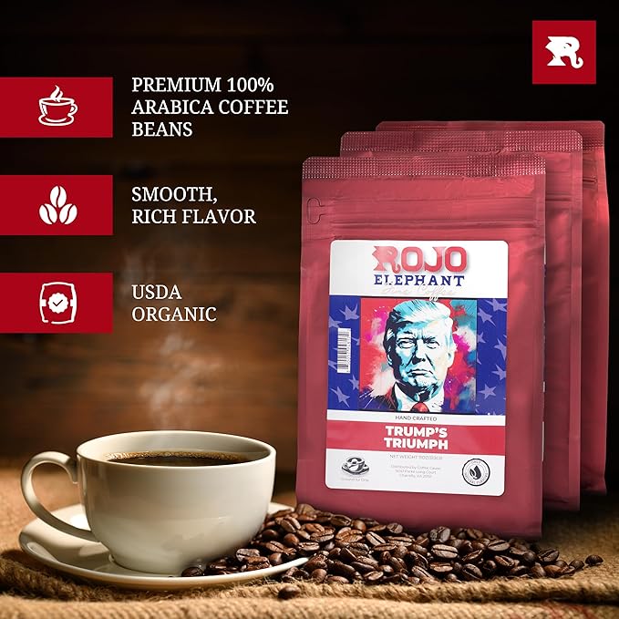 Rojo Elephant Handcrafted Ground Coffee 11 0z Bags 3 Pack Trump's Triumph Alexander Hamilton Honest Abe Decaf Classic Collection