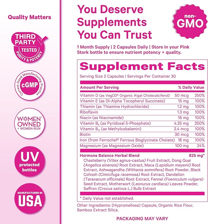 Pink Stork Hormone Balance Multivitamin for Women | 18-in-1 Vitex Saffron Ashwagandha Magnesium | Mood Energy Cortisol Adrenal Support | PMS Perimenopause Support | 60 Vegan Capsules