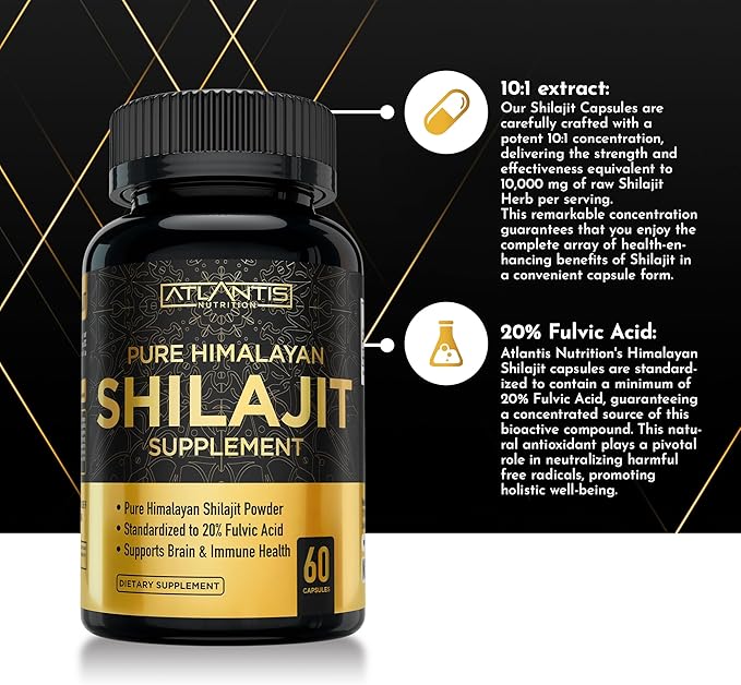 Atlantis Nutrition Himalayan Shilajit Capsules Formulated with 20% Fulvic Acid | 1000MG Per Serving — 10:1 Extract | USA Made | Himalayan Shilajit Supplement for Men &amp Women | 120 Capsules
