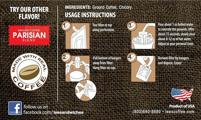 Lee's Coffee Pourover Fresh Ground Filter Packs New Orleans Style 50 Count