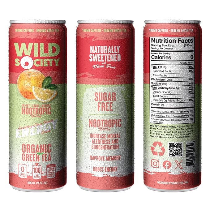 Wild Society Natural Energy Drink + Nootropics (12 pack) - 100 mg Organic Caffeine from Green Tea - Zero Sugar &amp Zero Calories - Monk Fruit Sweetened - Clean Ingredients - Fuel Mind &amp Body - C