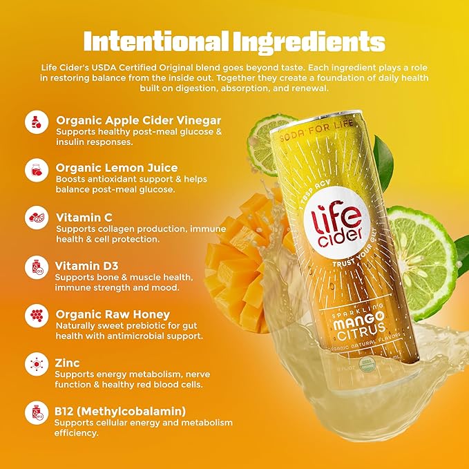 Life Cider Mango Citrus Flavored Apple Cider Vinegar Soda 12 Pack Organic Sparkling AVC Drink Natural Flavors Promotes Gut Health Vitamins C B12 Zinc D3