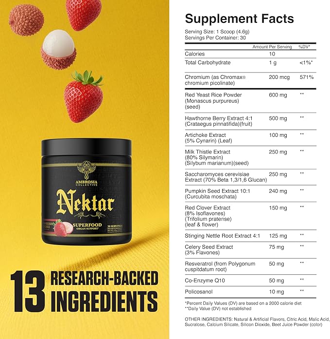 Ambrosia Nektar - Superfood Powder | Daily Organ Support Supplement | Greens Powder Alternative | 13 Superfoods for Energy Digestion Skin Health &amp Immune Support | 30 Servings | Strawberry Lyche