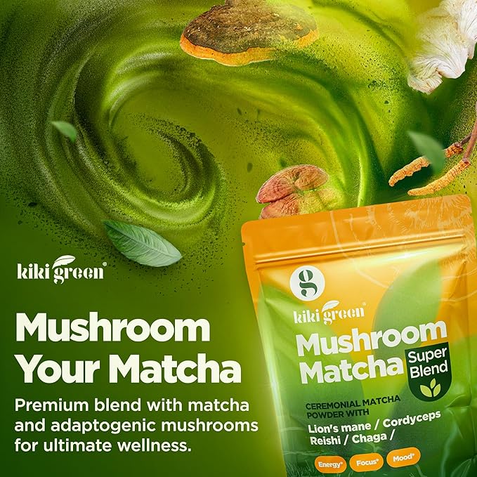 KIKI Green Mushroom Matcha Super Blend - Matcha Powder with Lion's Mane Chaga Reishi Cordyceps - Mushroom Coffee Alternative for Energy Focus Immunity - 8 oz 40 Servings