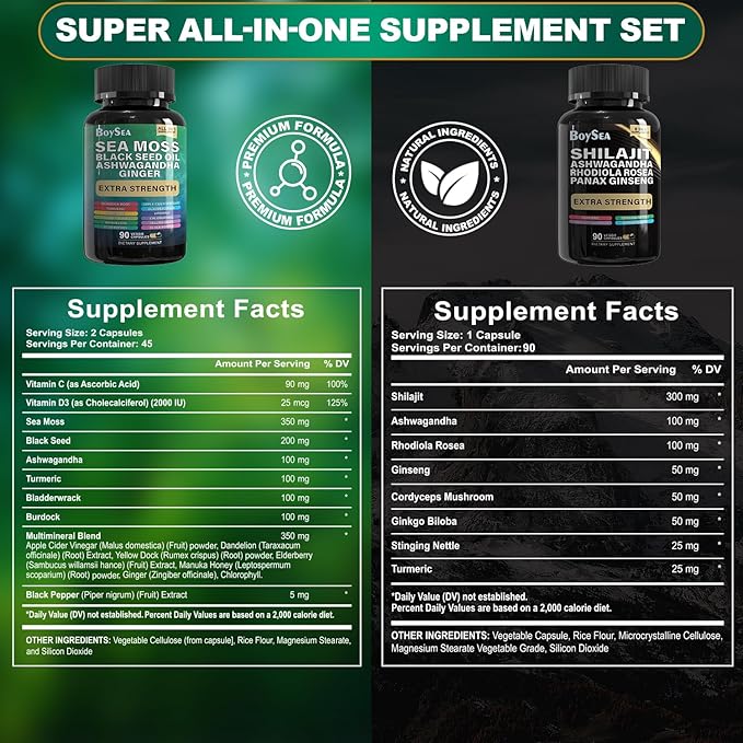 Boysea.Shilajit and Sea Moss Bundle- 90 Count - Sea Moss Black Seed Oil Ashwagandha Ginger &amp Shilajit Rhodiola Rosea All in 1 Supplements (3 Pc)
