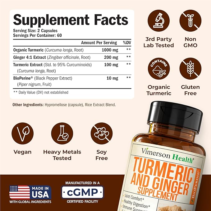 Turmeric Curcumin Supplement with Ginger Root for Joint Support Digestive &amp Gut Health - Contains Organic Turmeric Curcumin with Black Pepper (Bioperine) for Enhanced Absorption - 120 Capsules