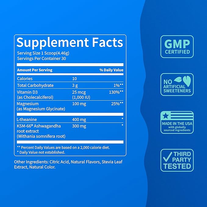 Nello Supercalm Powdered Drink Mix Yuzu Guava L Theanine Ksm-66 Ashwagandha Magnesium Glycinate Vitamin D 3 Supplements for Relaxation &amp Focus No Sugar Non GMO On The Go 30 Srvgs