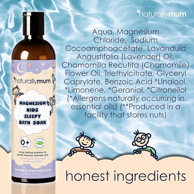 NaturallyMum Kids Magnesium Lotion with Vitamin D and Magnesium Sleepy Bath Soak Bundle - Support for Sleep Heart Bone Nerve Gut and Muscle Health - Lavender &amp Chamomile - 4.2 fl oz &amp 8.8