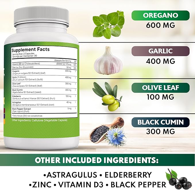 NEW AGE Oregano Oil Garlic Extract Olive Leaf with Astragalus - Supplement for Women and Men - 60 Count