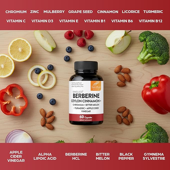 Sangluco Berberine Cinnamon Chromium Turmeric Apple Cider Vinegar Bitter Melon Supplement | Supports Healthy Levels Already Within Normal Range | 120 Capsules