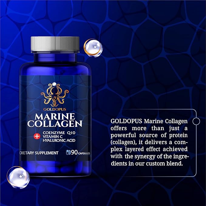 Marine Collagen Peptides Capsules with Hyaluronic Acid Coenzyme Q10 Vitamin C - Preserve Beauty and Youth - Promote Firm Skin Strong Nails&ampHair Healthy Joints 90 Capsules 1 Month Supply