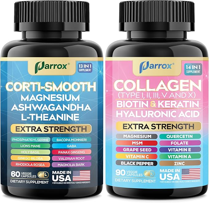 Shining Serenity Set Cortisol Support with Ashwagandha L-Theanine Magnesium Lions Mane GABA Bacopa Monnieri Collagen I II III V X Folate Biotin Keratin Hyaluronic Acid Quercetin